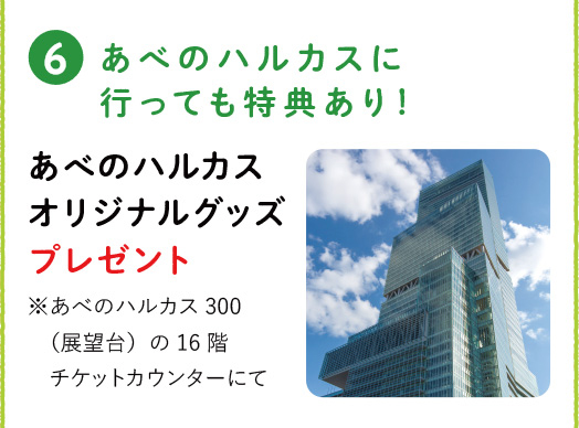 [6] あべのハルカスに行っても特典あり！ あべのハルカスオリジナルグッズプレゼント ※あべのハルカス300（展望台）の16階チケットカウンターにて