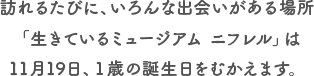 訪れるたびに、いろんな出会いがある場所「生きているミュージアム ニフレル」は11月19日、1歳の誕生日をむかえます。