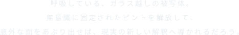 呼吸している、ガラス越しの被写体。無意識に固定されたピントを解放して、意外な面をあぶり出せば、現実の新しい解釈へ導かれるだろう。