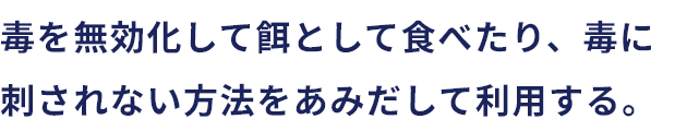 毒を無効化して餌として食べたり、毒に刺されない方法をあみだして利用する。